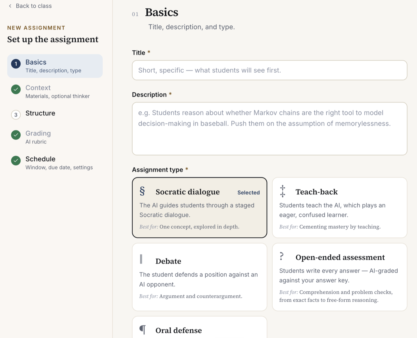 The Sympos assignment wizard showing the assignment type choices an instructor can pick from